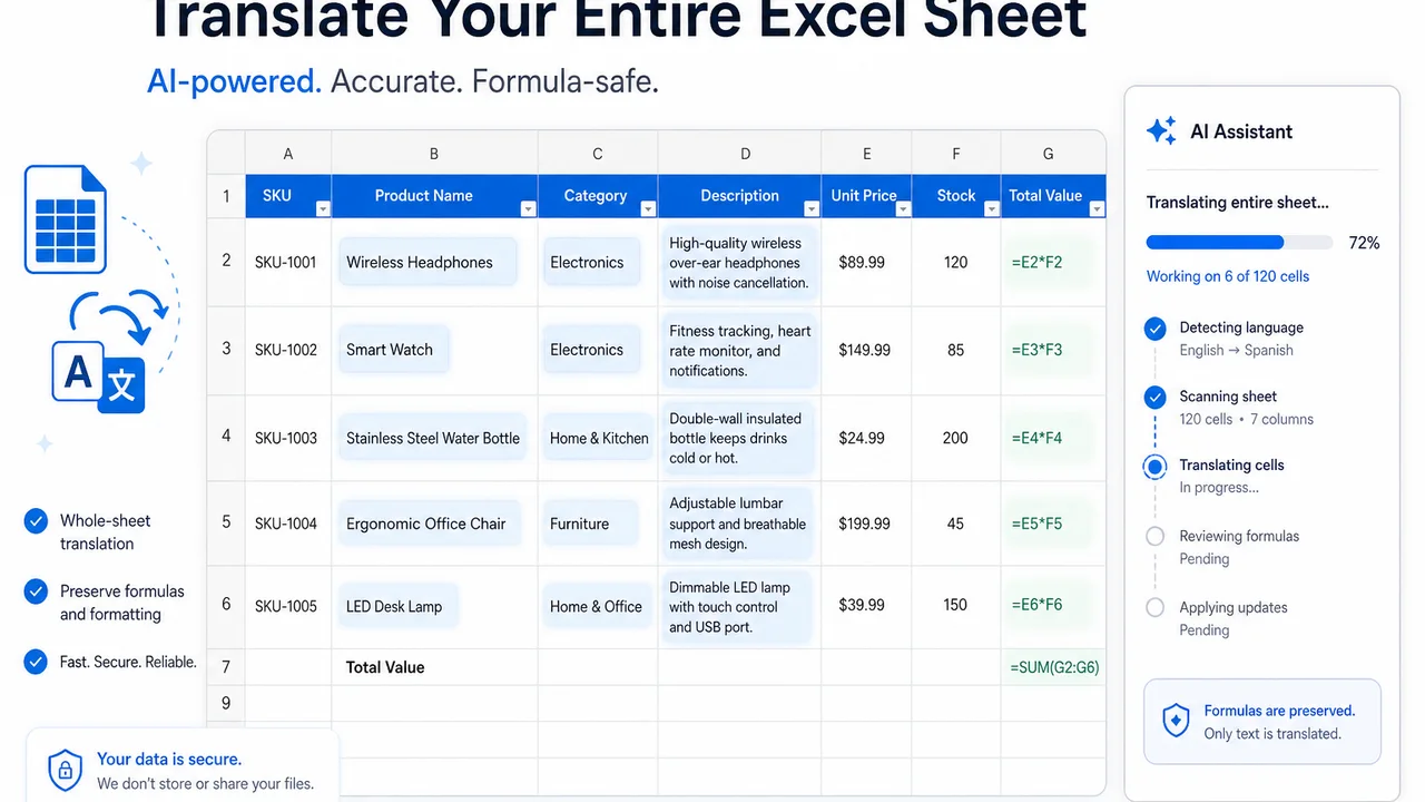 Excel 整表翻译：表格按格写回并保持公式列示意图
