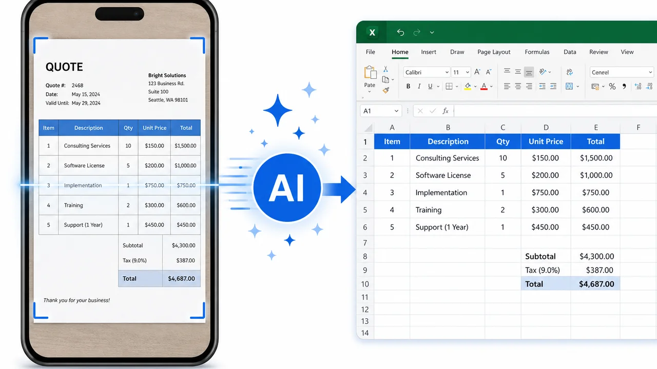 图片转 Excel：截图识别并填入表格示意图