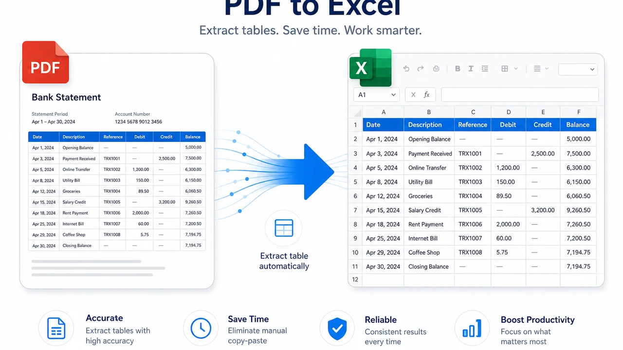PDF 转 Excel：从 PDF 提取表格写入工作簿示意图