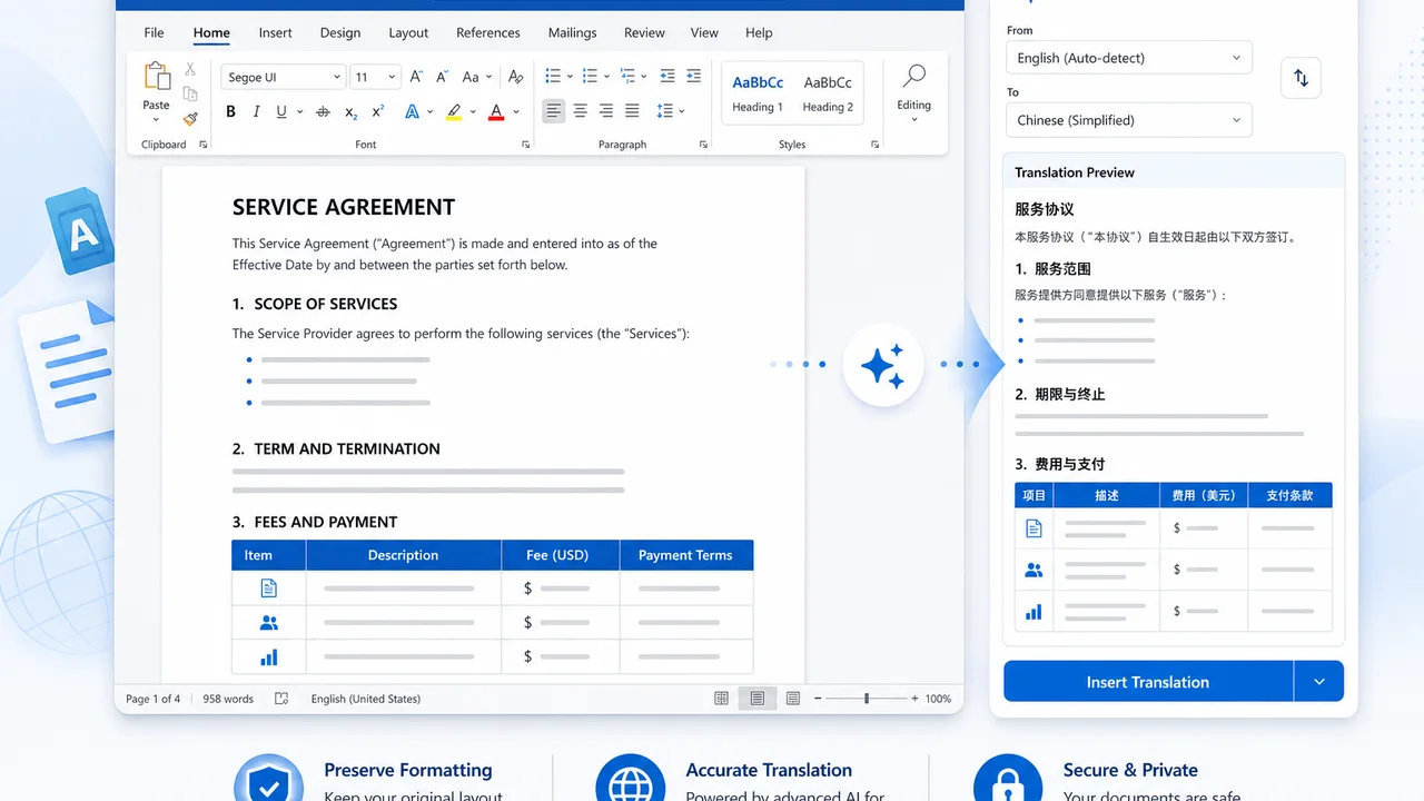 Word 全文翻译：文档与侧栏译文对照示意图
